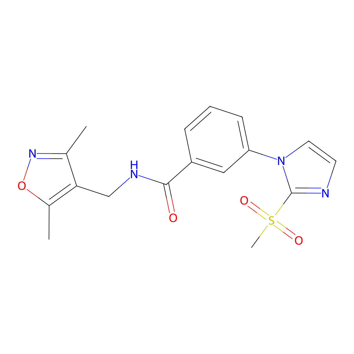 N-((3,5-dimethylisoxazol-4-yl)methyl)-3-(2-(methylsulfonyl)-1H-imidazol-1-yl)benzamide molecular structure, CAS 2034540-75-3