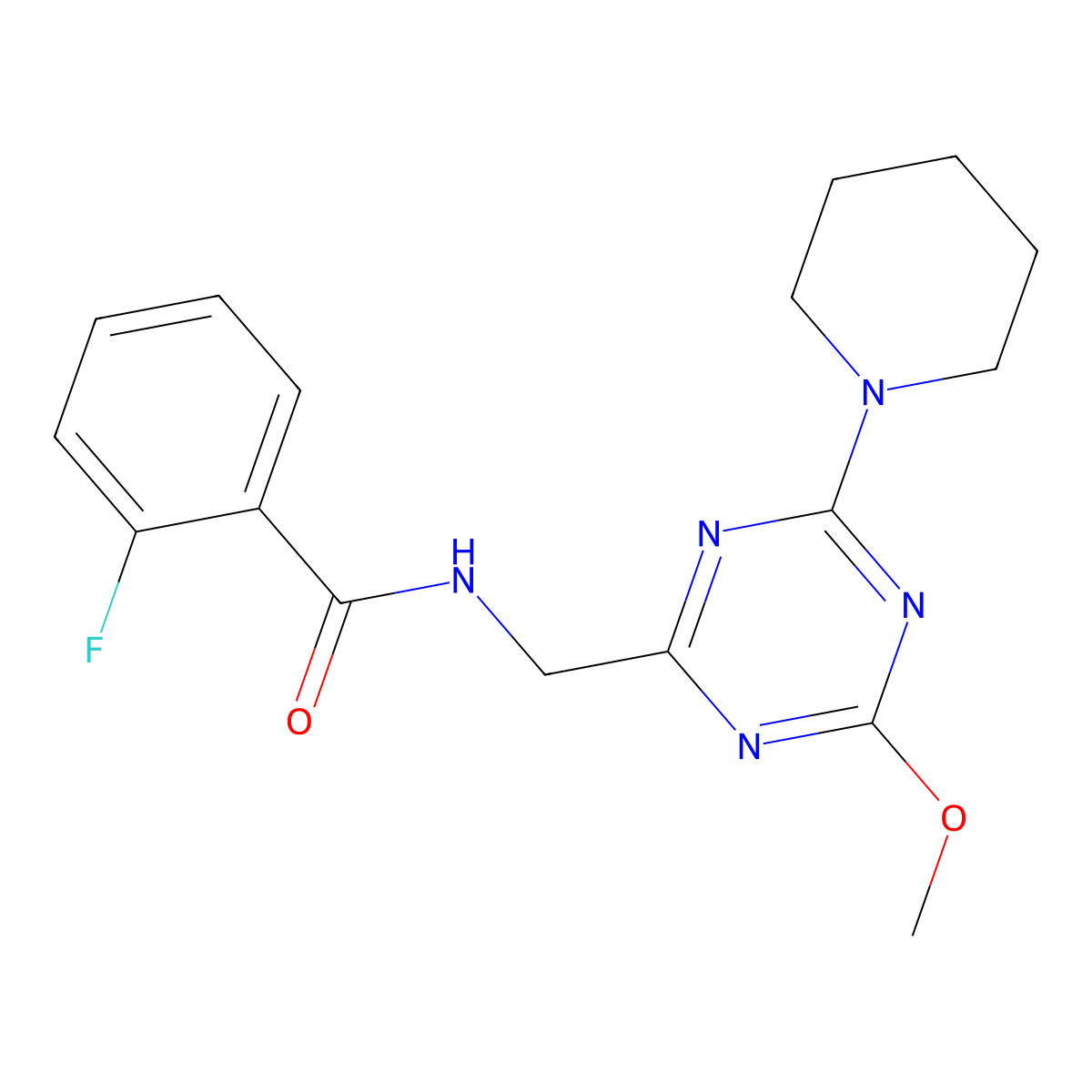 2-fluoro-N-((4-methoxy-6-(piperidin-1-yl)-1,3,5-triazin-2-yl)methyl)benzamide molecular structure, CAS 2034540-76-4