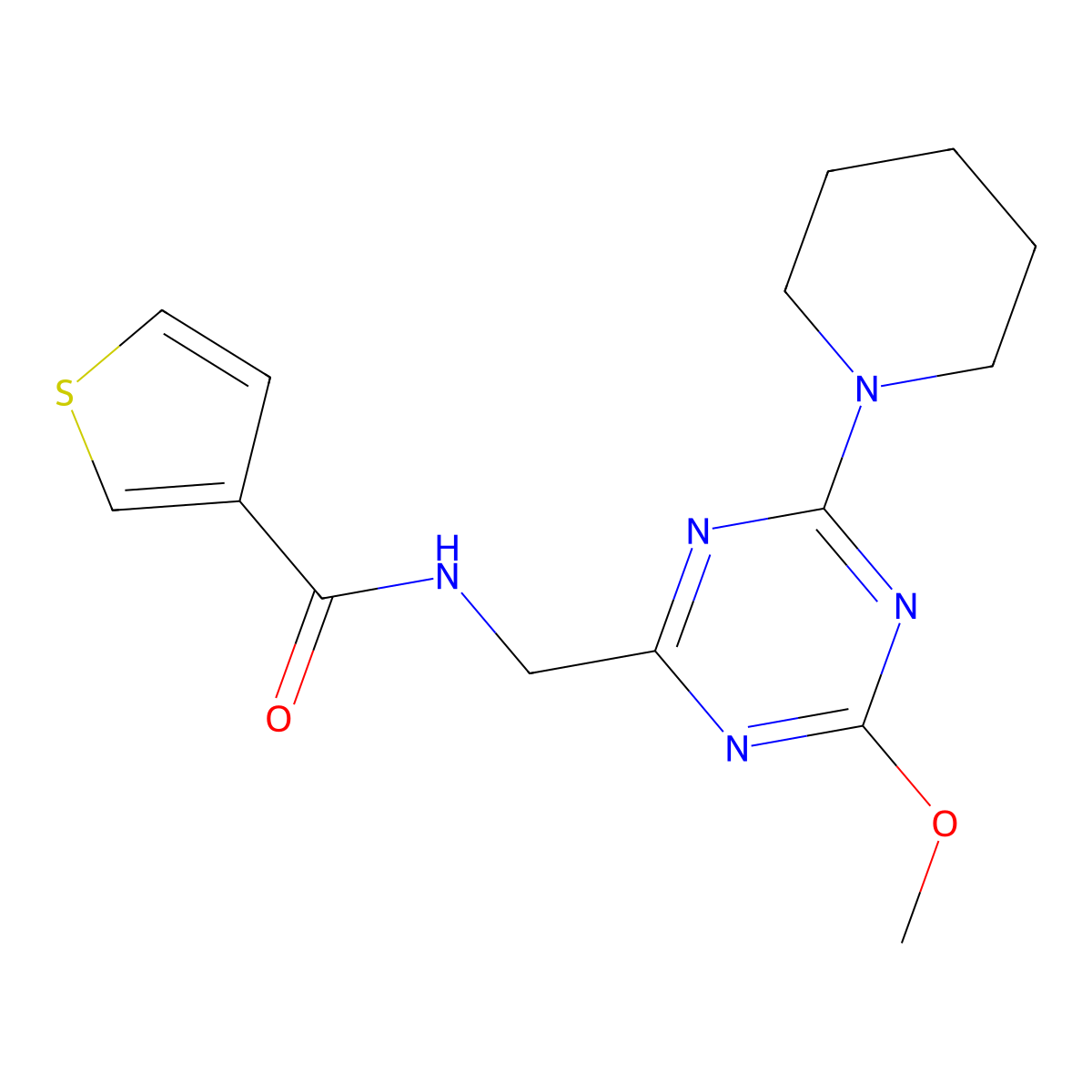 N-((4-methoxy-6-(piperidin-1-yl)-1,3,5-triazin-2-yl)methyl)thiophene-3-carboxamide molecular structure, CAS 2034540-78-6