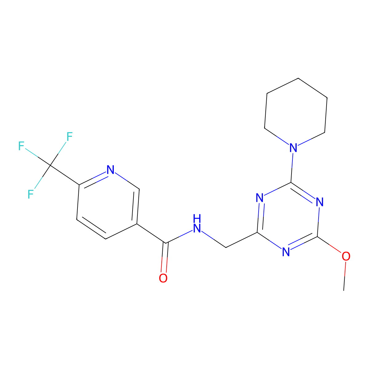N-((4-methoxy-6-(piperidin-1-yl)-1,3,5-triazin-2-yl)methyl)-6-(trifluoromethyl)nicotinamide molecular structure, CAS 2034540-90-2