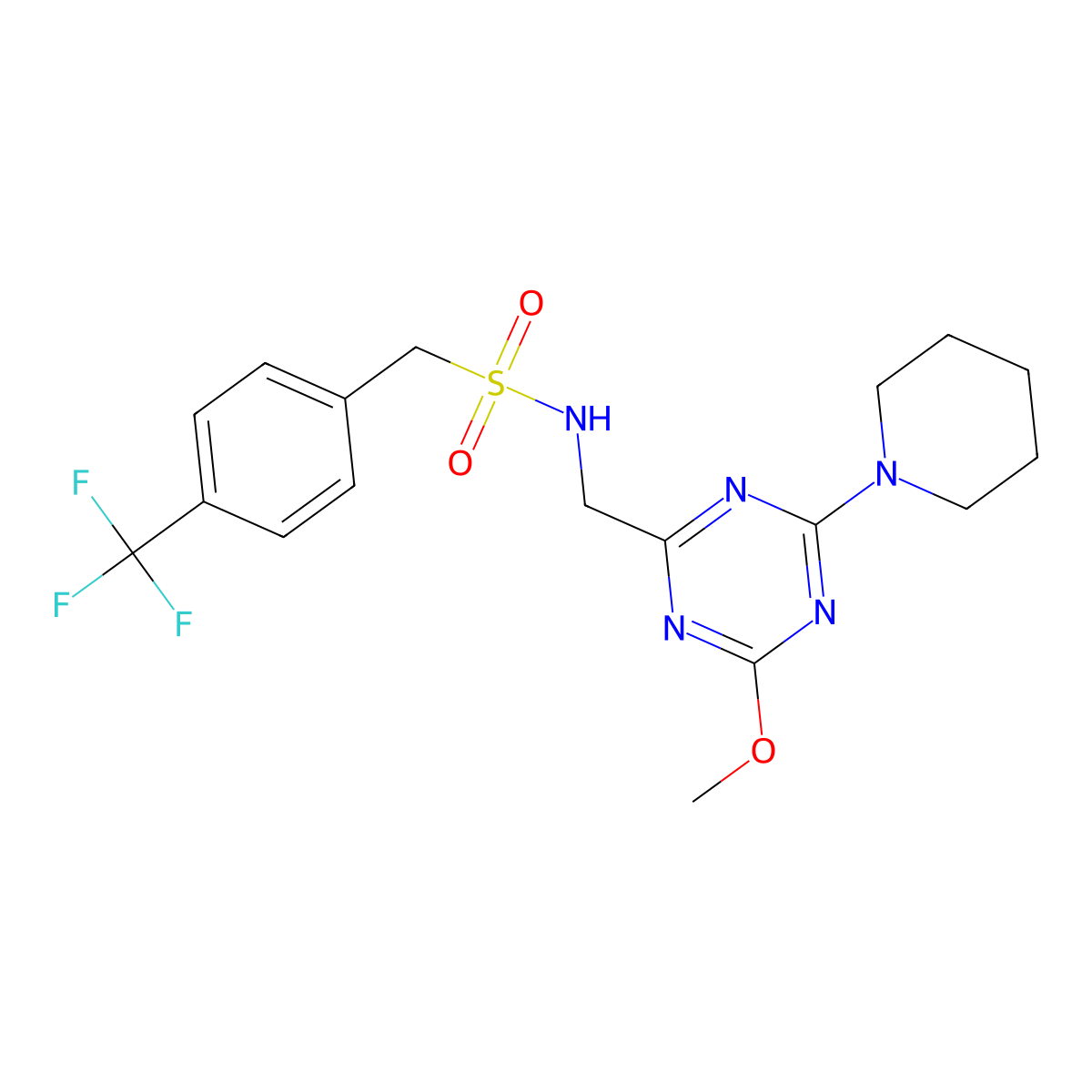 N-((4-methoxy-6-(piperidin-1-yl)-1,3,5-triazin-2-yl)methyl)-1-(4-(trifluoromethyl)phenyl)methanesulfonamide molecular structure, CAS 2034540-94-6