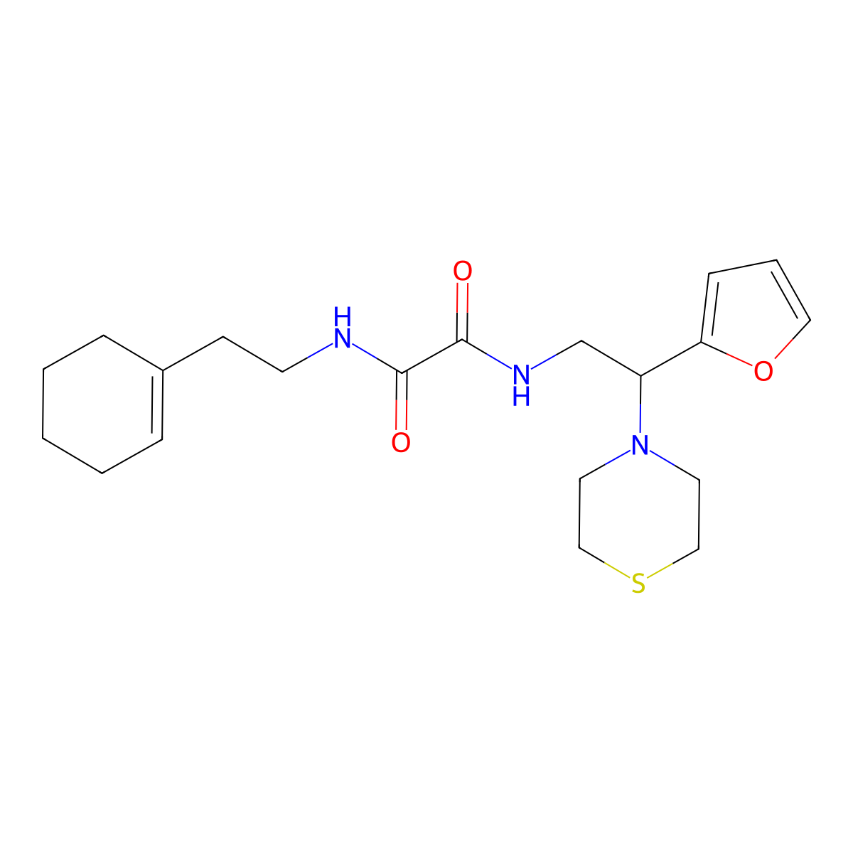 N1-(2-(cyclohex-1-en-1-yl)ethyl)-N2-(2-(furan-2-yl)-2-thiomorpholinoethyl)oxalamide molecular structure, CAS 2034540-98-0