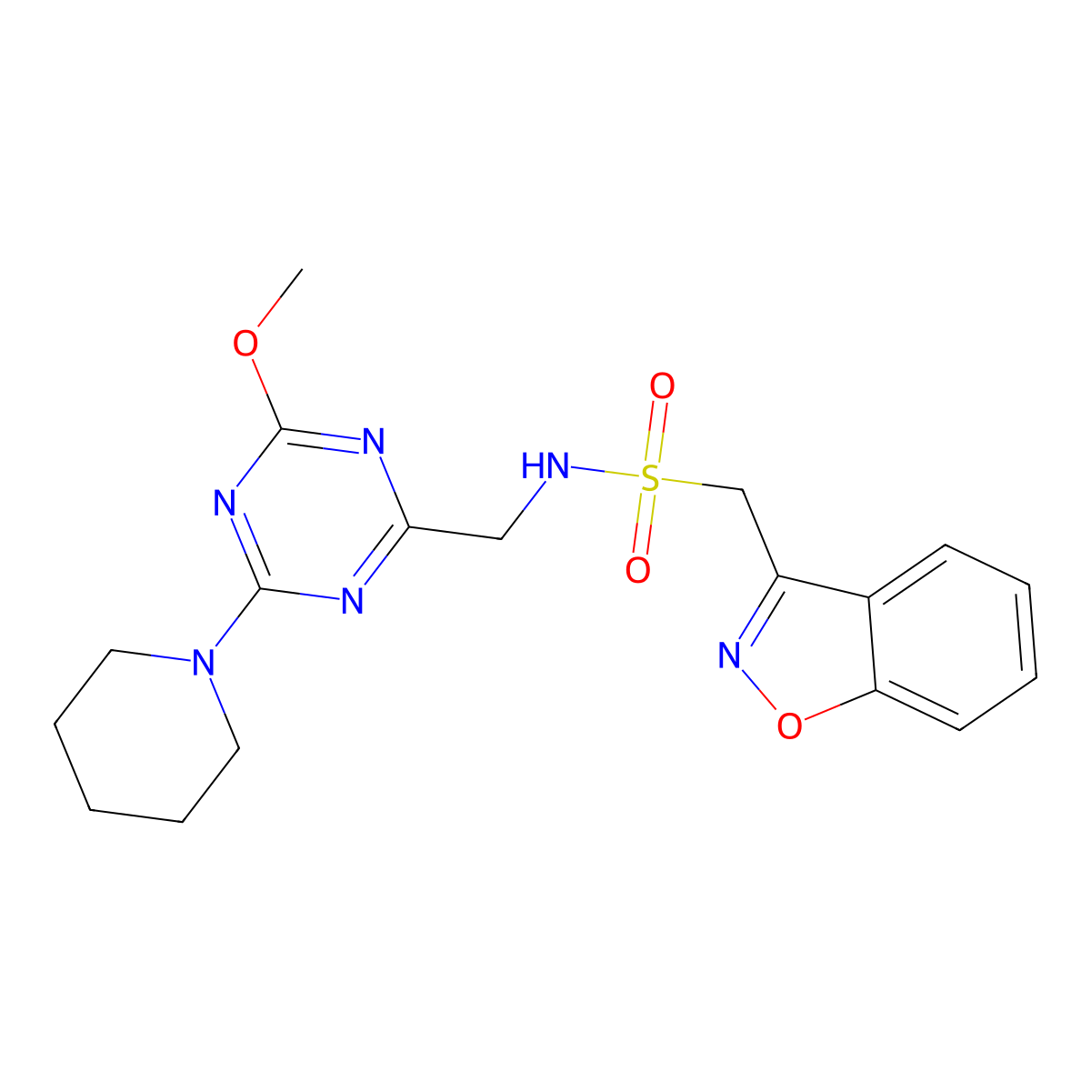 1-(benzo[d]isoxazol-3-yl)-N-((4-methoxy-6-(piperidin-1-yl)-1,3,5-triazin-2-yl)methyl)methanesulfonamide molecular structure, CAS 2034541-01-8