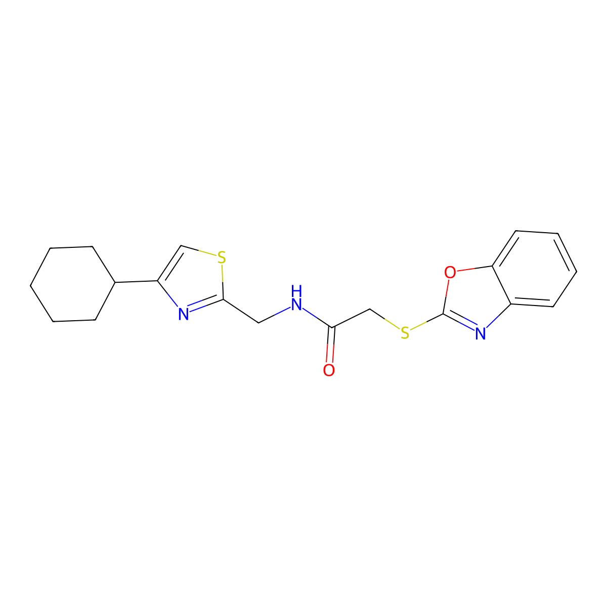 2-(benzo[d]oxazol-2-ylthio)-N-((4-cyclohexylthiazol-2-yl)methyl)acetamide molecular structure, CAS 2034541-02-9