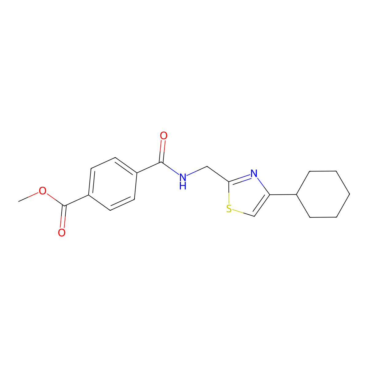 Methyl 4-(((4-cyclohexylthiazol-2-yl)methyl)carbamoyl)benzoate molecular structure, CAS 2034541-11-0
