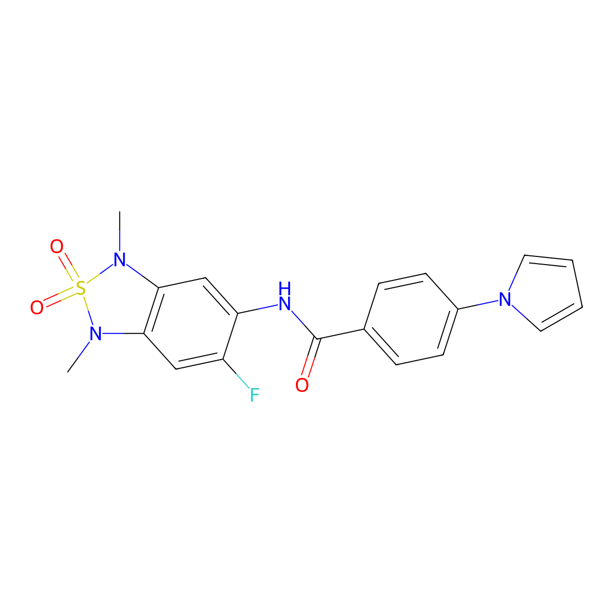 N-(6-fluoro-1,3-dimethyl-2,2-dioxido-1,3-dihydrobenzo[c][1,2,5]thiadiazol-5-yl)-4-(1H-pyrrol-1-yl)benzamide molecular structure, CAS 2034541-15-4