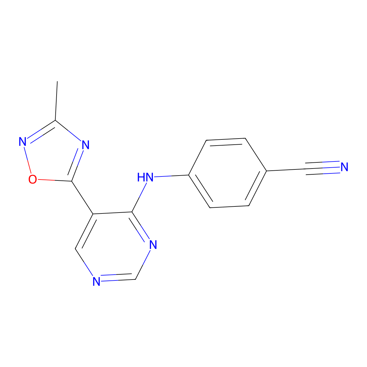 4-{[5-(3-Methyl-1,2,4-oxadiazol-5-yl)pyrimidin-4-yl]amino}benzonitrile molecular structure, CAS 2034541-25-6