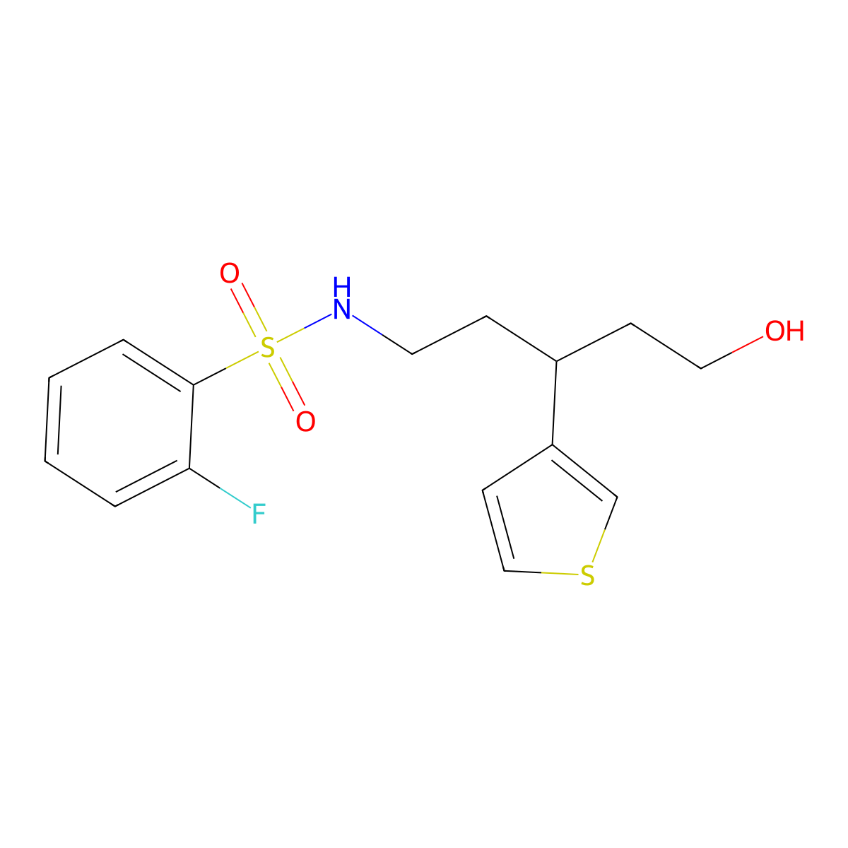 2-fluoro-N-(5-hydroxy-3-(thiophen-3-yl)pentyl)benzenesulfonamide molecular structure, CAS 2034541-26-7