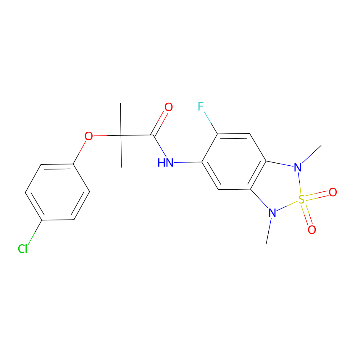 2-(4-chlorophenoxy)-N-(6-fluoro-1,3-dimethyl-2,2-dioxo-1,3-dihydro-2lambda6,1,3-benzothiadiazol-5-yl)-2-methylpropanamide molecular structure, CAS 2034541-34-7