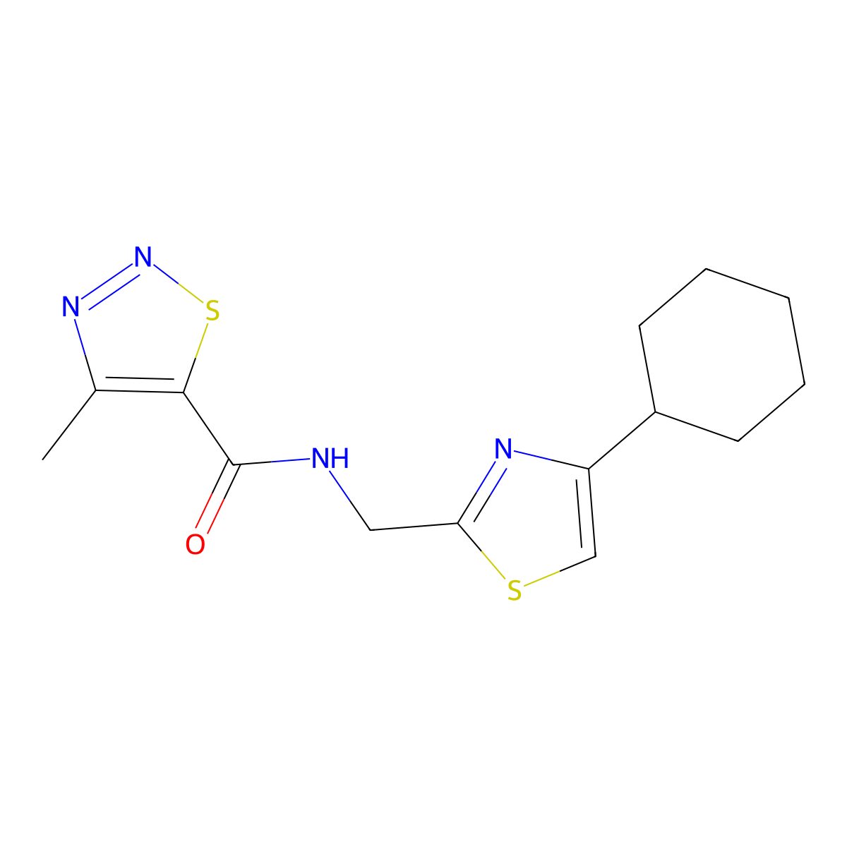 N-((4-cyclohexylthiazol-2-yl)methyl)-4-methyl-1,2,3-thiadiazole-5-carboxamide molecular structure, CAS 2034541-38-1