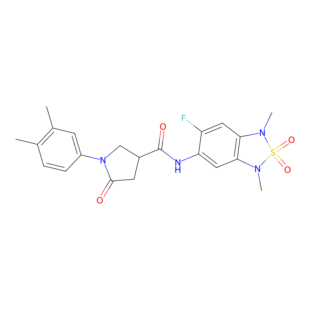 1-(3,4-dimethylphenyl)-N-(6-fluoro-1,3-dimethyl-2,2-dioxido-1,3-dihydrobenzo[c][1,2,5]thiadiazol-5-yl)-5-oxopyrrolidine-3-carboxamide molecular structure, CAS 2034541-39-2