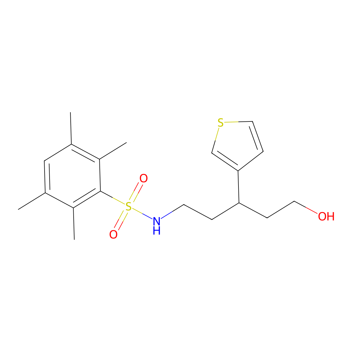 N-(5-hydroxy-3-(thiophen-3-yl)pentyl)-2,3,5,6-tetramethylbenzenesulfonamide molecular structure, CAS 2034541-40-5