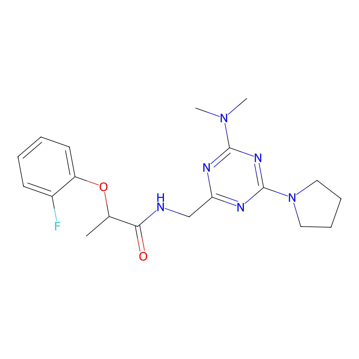 N-{[4-(dimethylamino)-6-(pyrrolidin-1-yl)-1,3,5-triazin-2-yl]methyl}-2-(2-fluorophenoxy)propanamide molecular structure, CAS 2034541-41-6