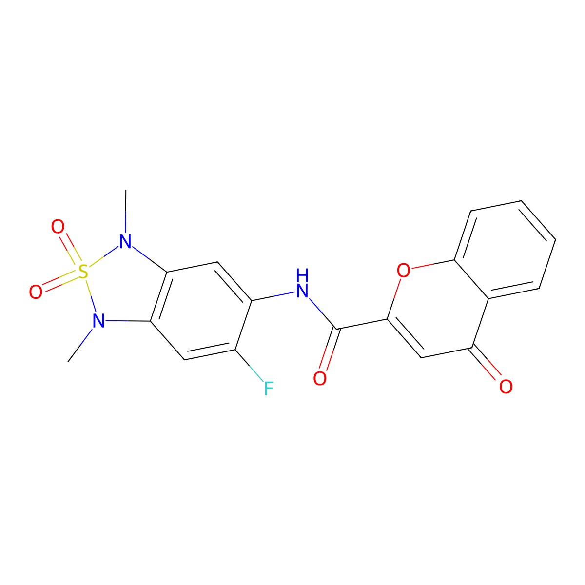 N-(6-fluoro-1,3-dimethyl-2,2-dioxido-1,3-dihydrobenzo[c][1,2,5]thiadiazol-5-yl)-4-oxo-4H-chromene-2-carboxamide molecular structure, CAS 2034541-44-9