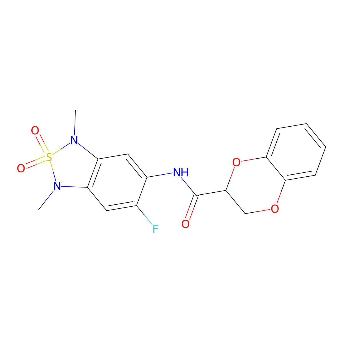 N-(6-fluoro-1,3-dimethyl-2,2-dioxido-1,3-dihydrobenzo[c][1,2,5]thiadiazol-5-yl)-2,3-dihydrobenzo[b][1,4]dioxine-2-carboxamide molecular structure, CAS 2034541-49-4