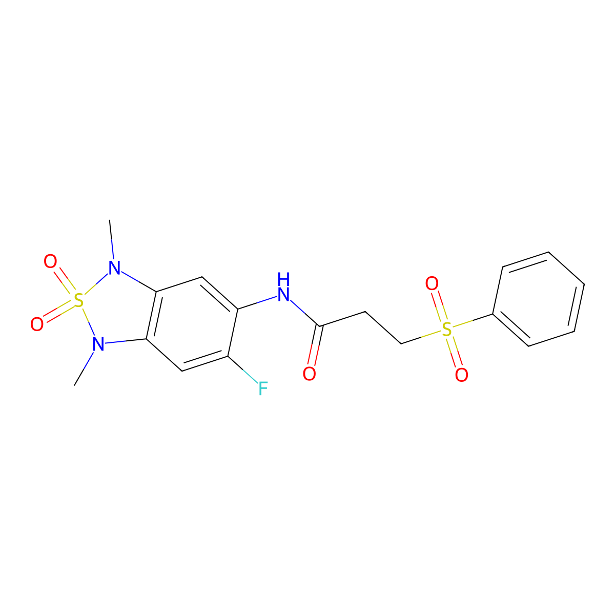 N-(6-fluoro-1,3-dimethyl-2,2-dioxido-1,3-dihydrobenzo[c][1,2,5]thiadiazol-5-yl)-3-(phenylsulfonyl)propanamide molecular structure, CAS 2034541-54-1