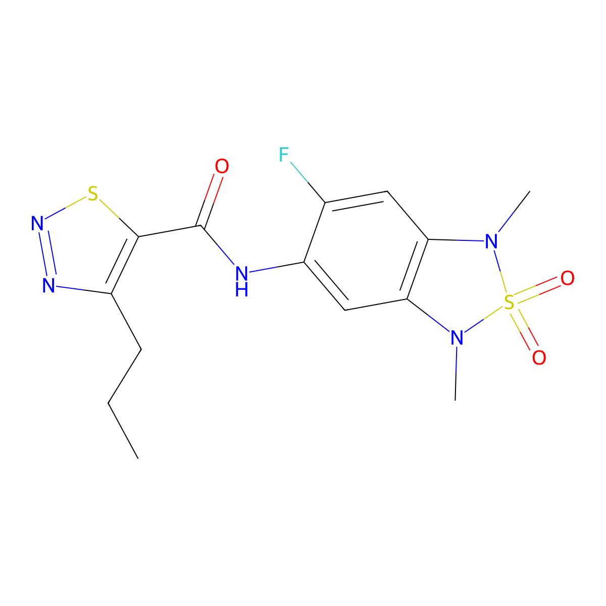 N-(6-fluoro-1,3-dimethyl-2,2-dioxido-1,3-dihydrobenzo[c][1,2,5]thiadiazol-5-yl)-4-propyl-1,2,3-thiadiazole-5-carboxamide molecular structure, CAS 2034541-55-2