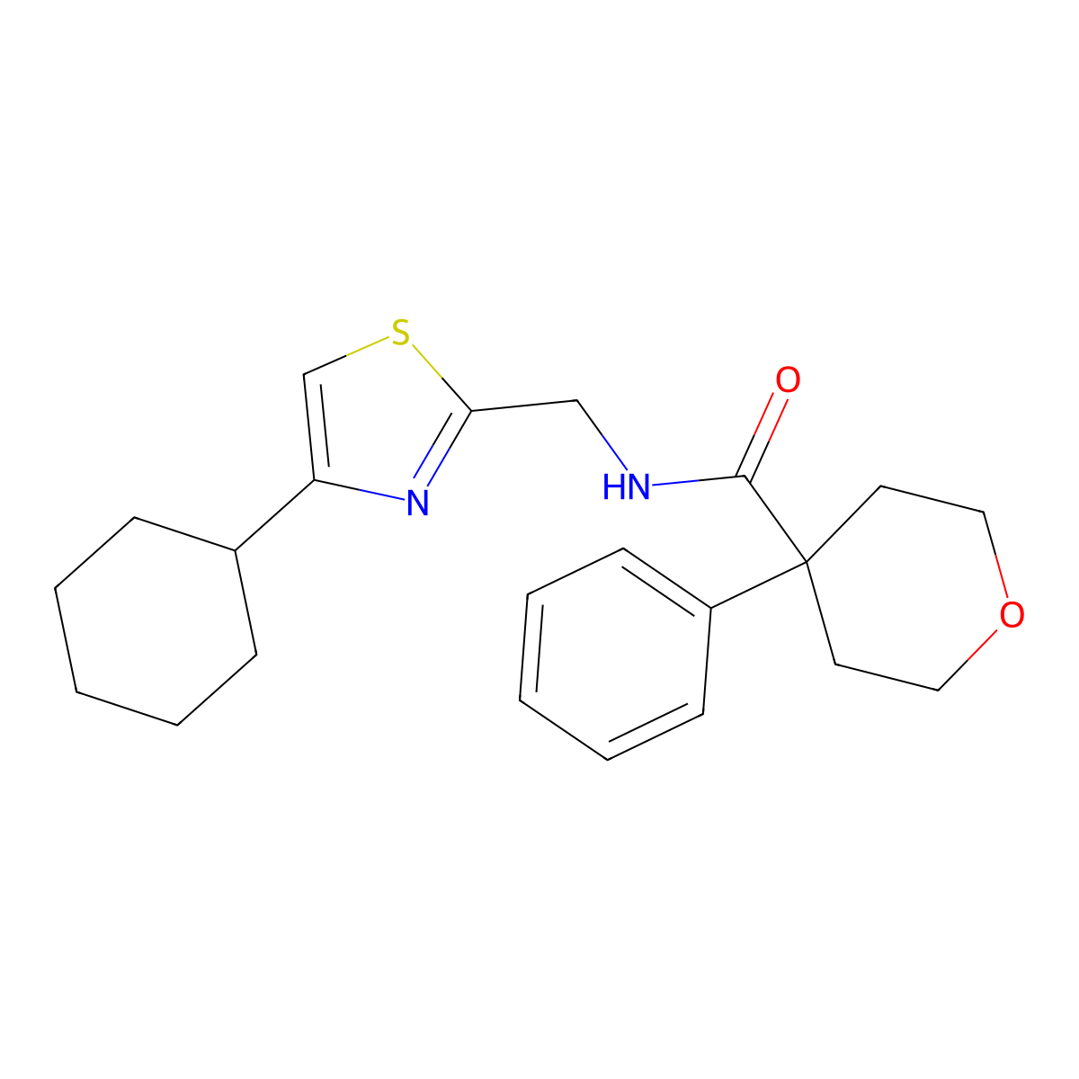 N-((4-cyclohexylthiazol-2-yl)methyl)-4-phenyltetrahydro-2H-pyran-4-carboxamide molecular structure, CAS 2034541-57-4