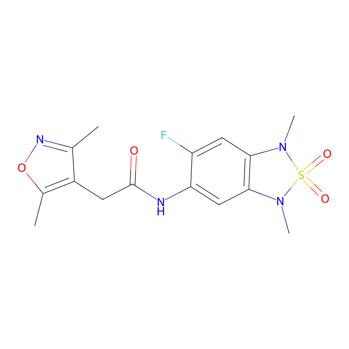 2-(3,5-dimethylisoxazol-4-yl)-N-(6-fluoro-1,3-dimethyl-2,2-dioxido-1,3-dihydrobenzo[c][1,2,5]thiadiazol-5-yl)acetamide molecular structure, CAS 2034541-62-1