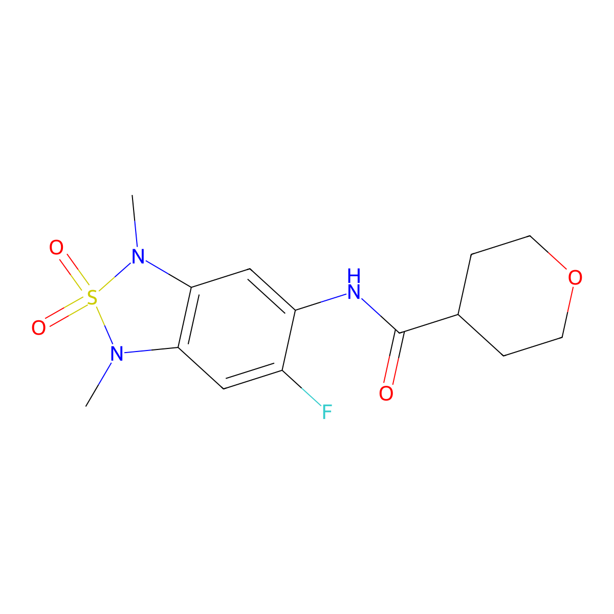 N-(6-fluoro-1,3-dimethyl-2,2-dioxido-1,3-dihydrobenzo[c][1,2,5]thiadiazol-5-yl)tetrahydro-2H-pyran-4-carboxamide molecular structure, CAS 2034541-68-7
