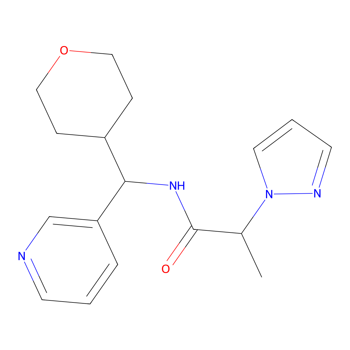 2-(1H-pyrazol-1-yl)-N-(pyridin-3-yl(tetrahydro-2H-pyran-4-yl)methyl)propanamide molecular structure, CAS 2034541-73-4