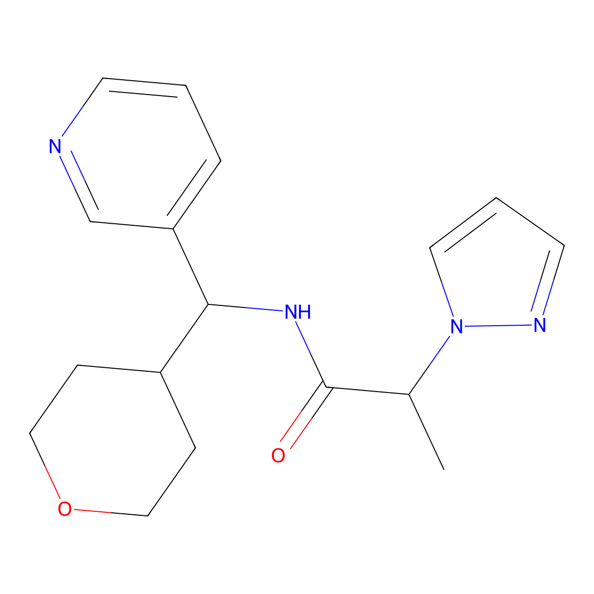 2-(1H-pyrazol-1-yl)-N-(pyridin-3-yl(tetrahydro-2H-pyran-4-yl)methyl)propanamide molecular structure, CAS 2034541-73-4