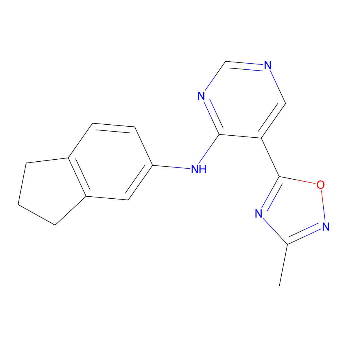 N-(2,3-dihydro-1H-inden-5-yl)-5-(3-methyl-1,2,4-oxadiazol-5-yl)pyrimidin-4-amine molecular structure, CAS 2034541-74-5