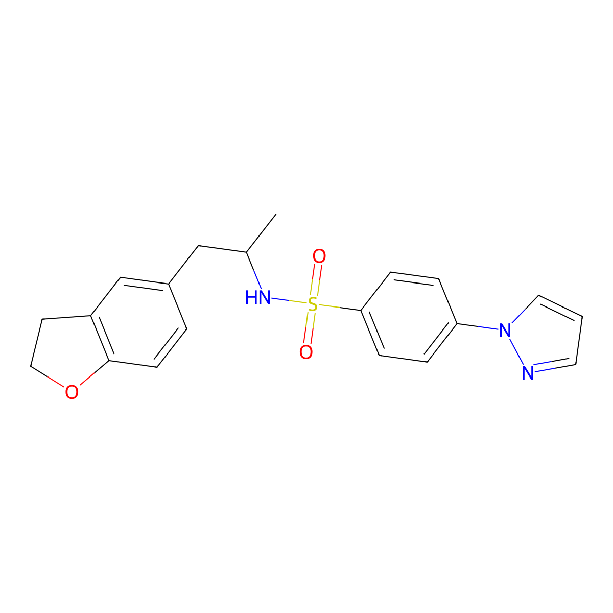 N-(1-(2,3-dihydrobenzofuran-5-yl)propan-2-yl)-4-(1H-pyrazol-1-yl)benzenesulfonamide molecular structure, CAS 2034541-76-7