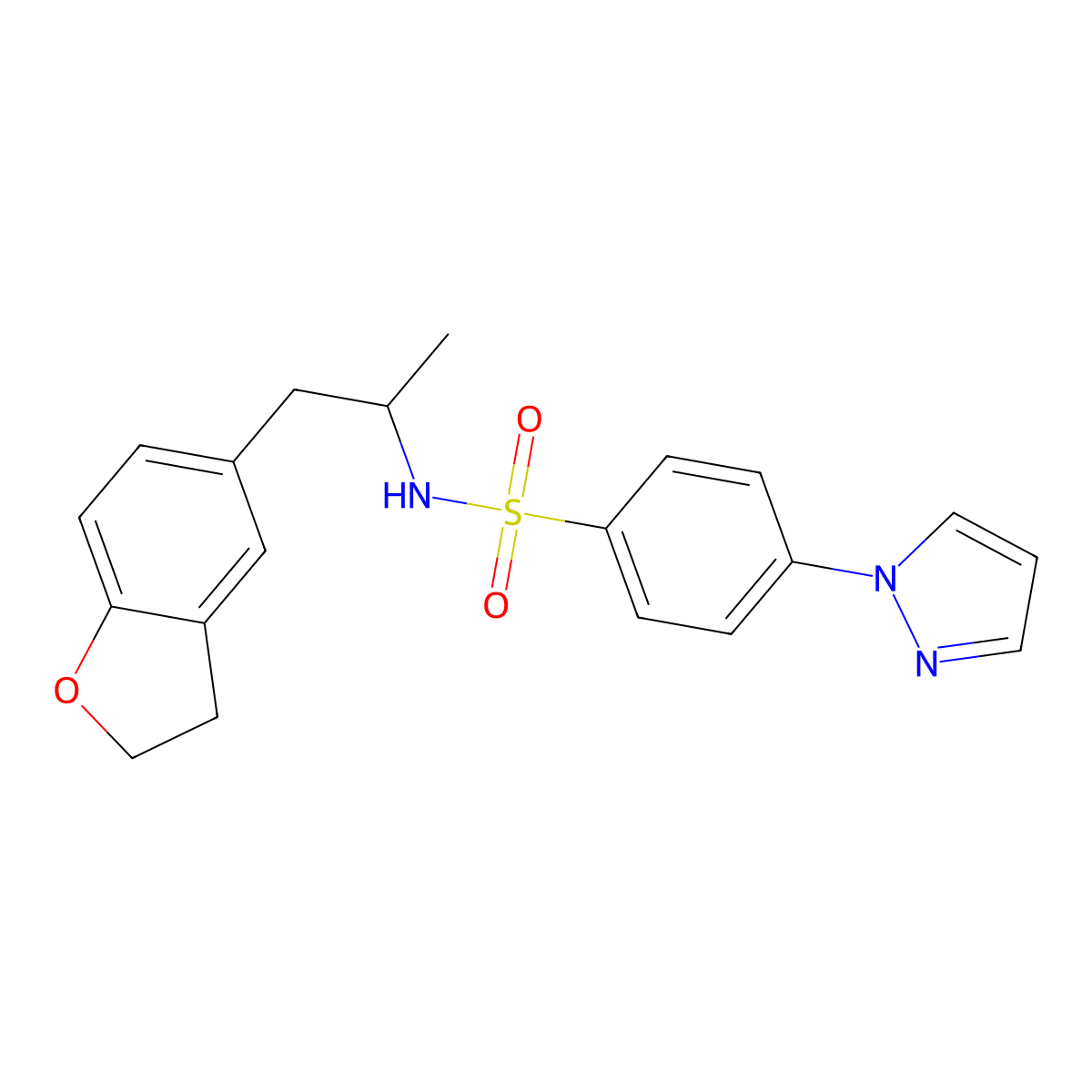N-(1-(2,3-dihydrobenzofuran-5-yl)propan-2-yl)-4-(1H-pyrazol-1-yl)benzenesulfonamide molecular structure, CAS 2034541-76-7