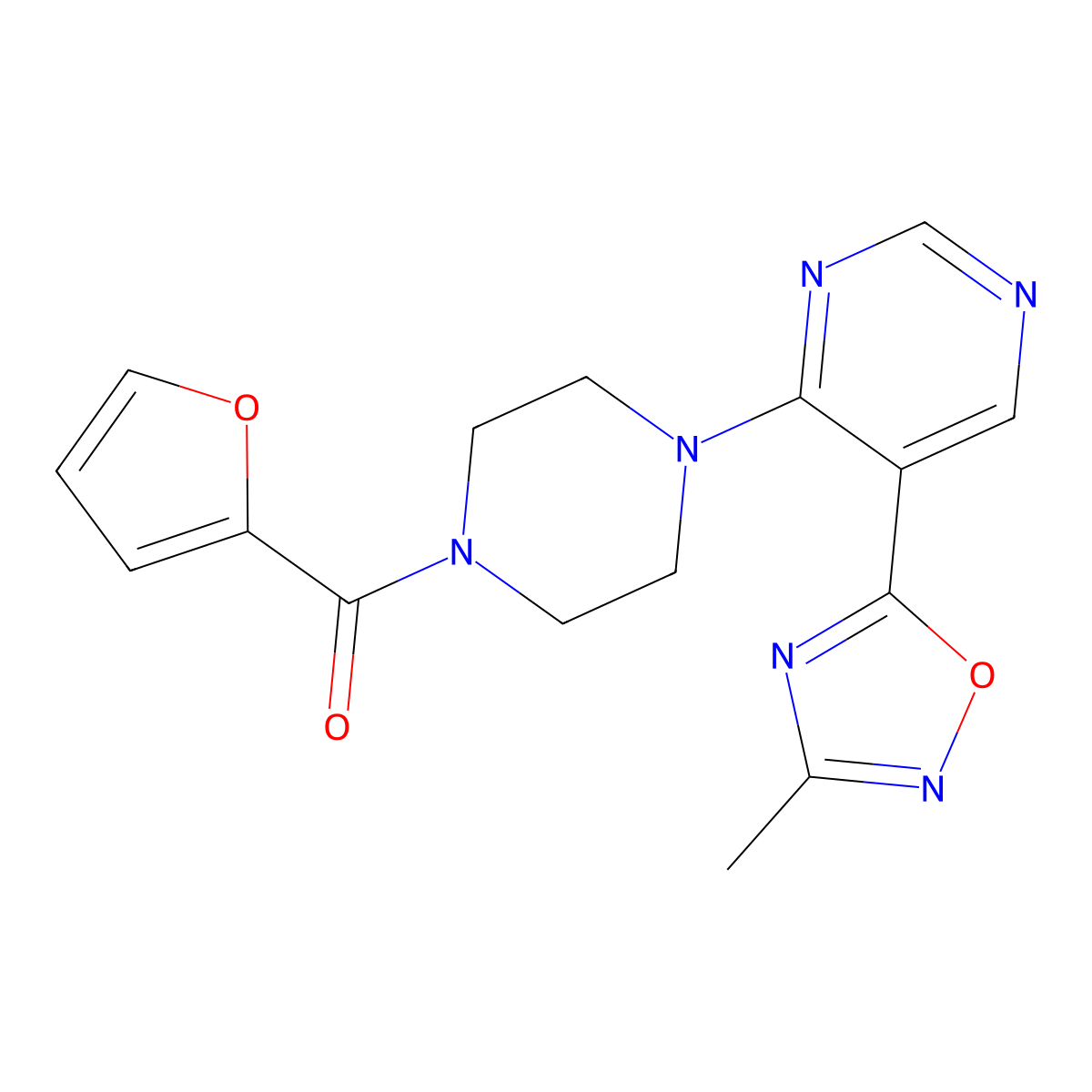 Furan-2-yl(4-(5-(3-methyl-1,2,4-oxadiazol-5-yl)pyrimidin-4-yl)piperazin-1-yl)methanone molecular structure, CAS 2034541-86-9