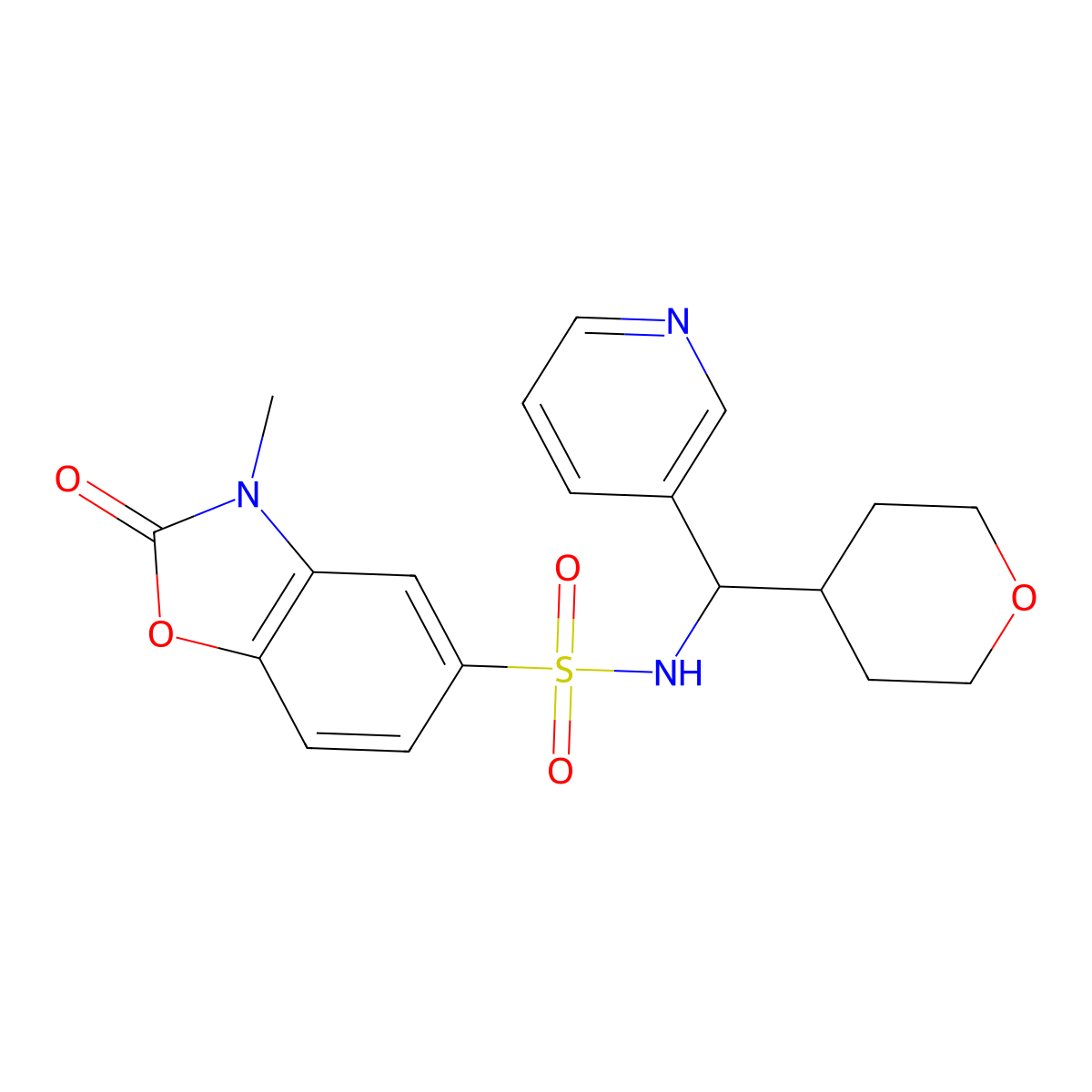 3-methyl-2-oxo-N-(pyridin-3-yl(tetrahydro-2H-pyran-4-yl)methyl)-2,3-dihydrobenzo[d]oxazole-5-sulfonamide molecular structure, CAS 2034541-90-5