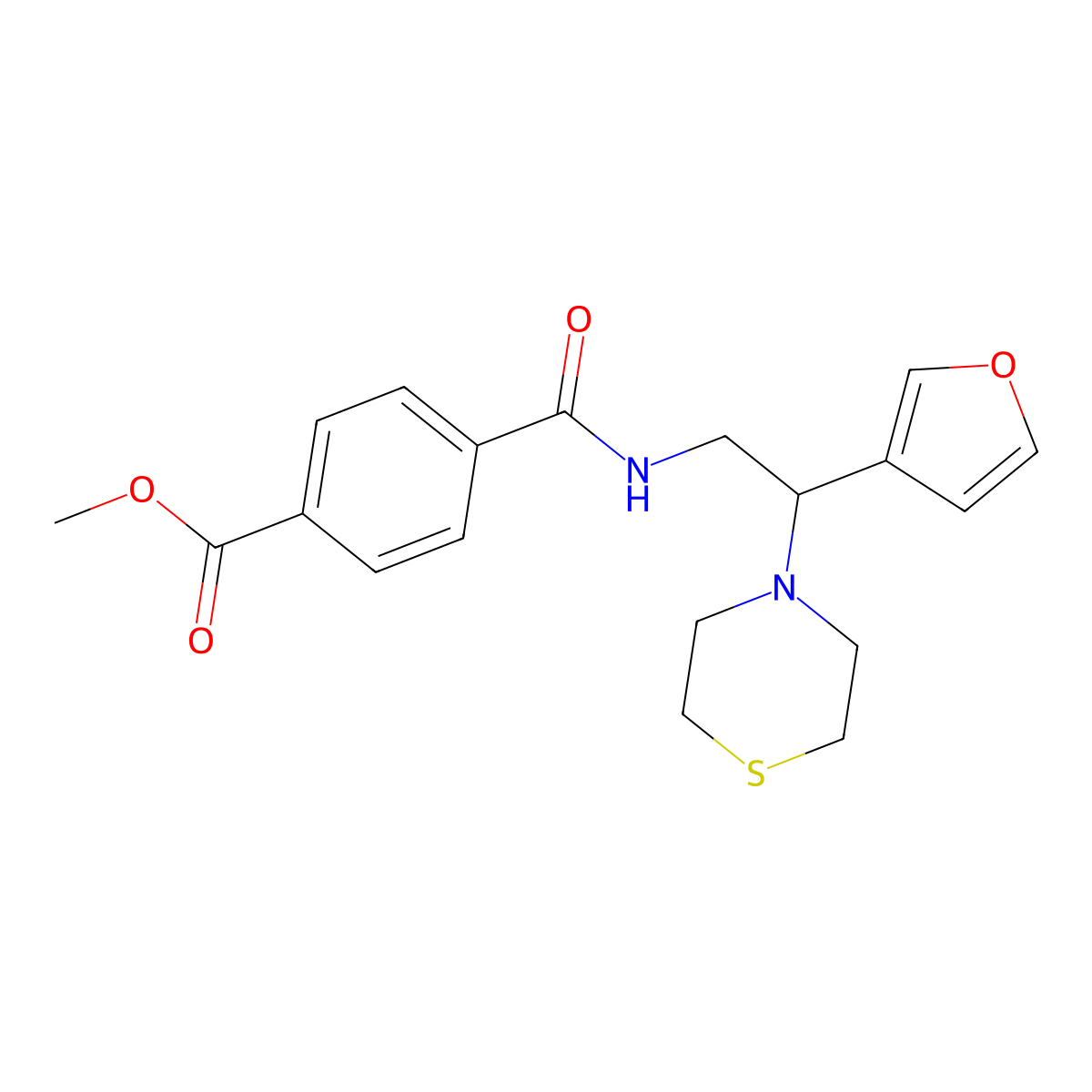 Methyl 4-((2-(furan-3-yl)-2-thiomorpholinoethyl)carbamoyl)benzoate molecular structure, CAS 2034541-91-6
