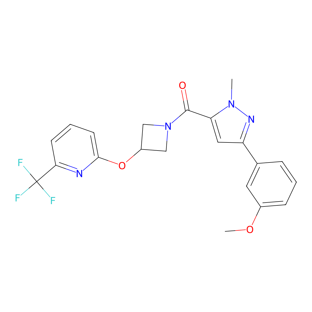 (3-(3-methoxyphenyl)-1-methyl-1H-pyrazol-5-yl)(3-((6-(trifluoromethyl)pyridin-2-yl)oxy)azetidin-1-yl)methanone molecular structure, CAS 2034541-94-9