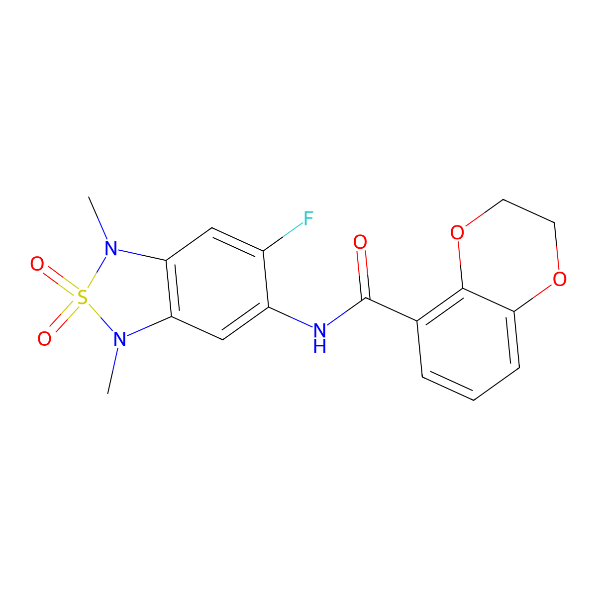 N-(6-fluoro-1,3-dimethyl-2,2-dioxido-1,3-dihydrobenzo[c][1,2,5]thiadiazol-5-yl)-2,3-dihydrobenzo[b][1,4]dioxine-5-carboxamide molecular structure, CAS 2034541-99-4