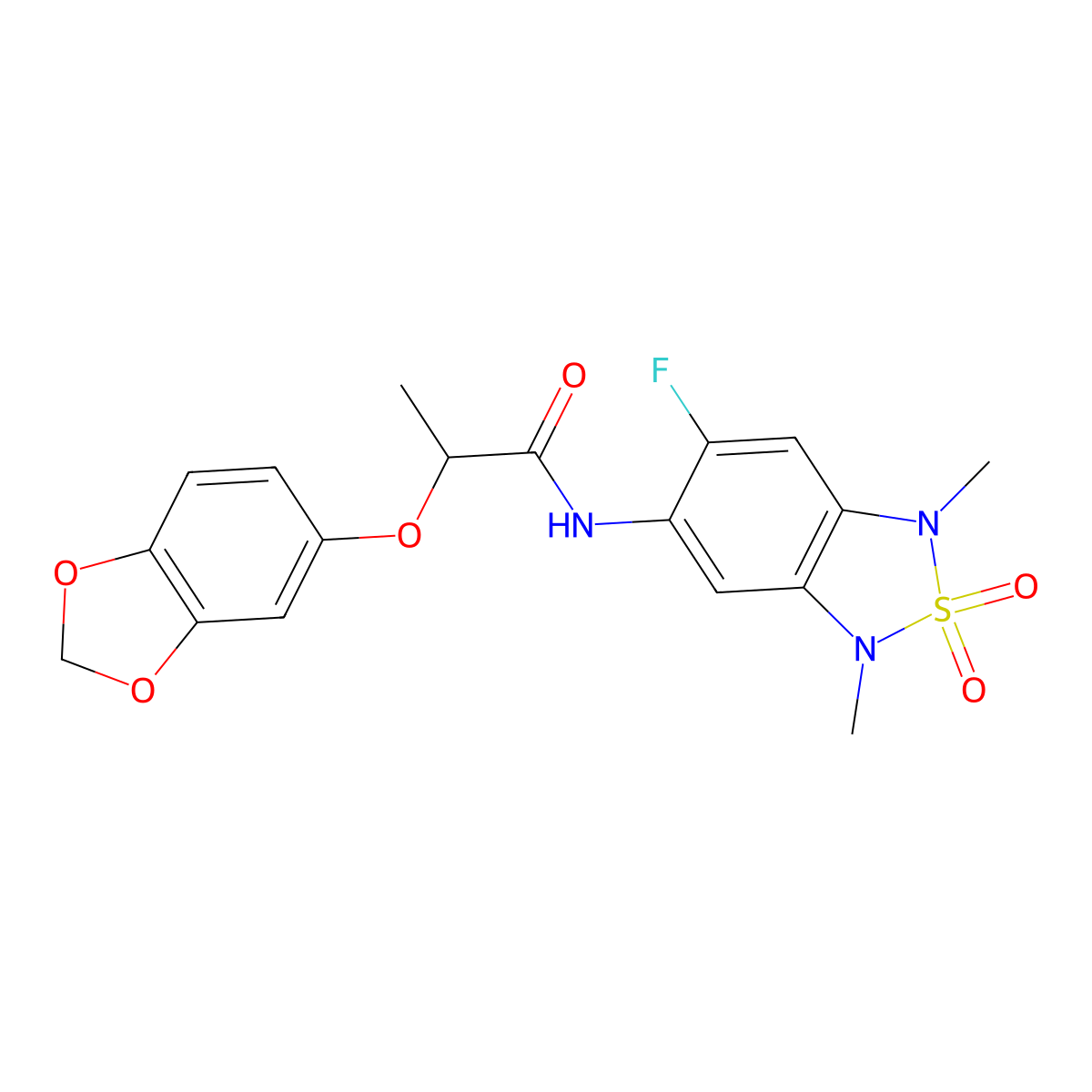 2-(benzo[d][1,3]dioxol-5-yloxy)-N-(6-fluoro-1,3-dimethyl-2,2-dioxido-1,3-dihydrobenzo[c][1,2,5]thiadiazol-5-yl)propanamide molecular structure, CAS 2034542-06-6