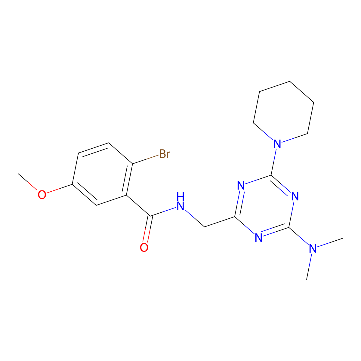 2-bromo-N-((4-(dimethylamino)-6-(piperidin-1-yl)-1,3,5-triazin-2-yl)methyl)-5-methoxybenzamide molecular structure, CAS 2034542-11-3