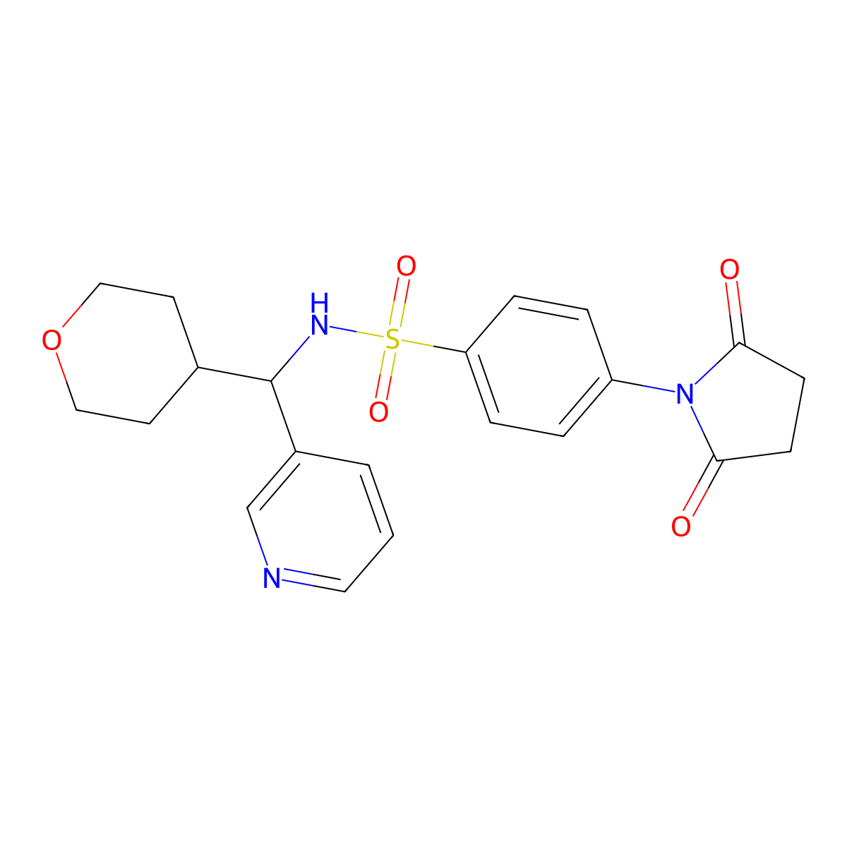 4-(2,5-dioxopyrrolidin-1-yl)-N-(pyridin-3-yl(tetrahydro-2H-pyran-4-yl)methyl)benzenesulfonamide molecular structure, CAS 2034542-15-7