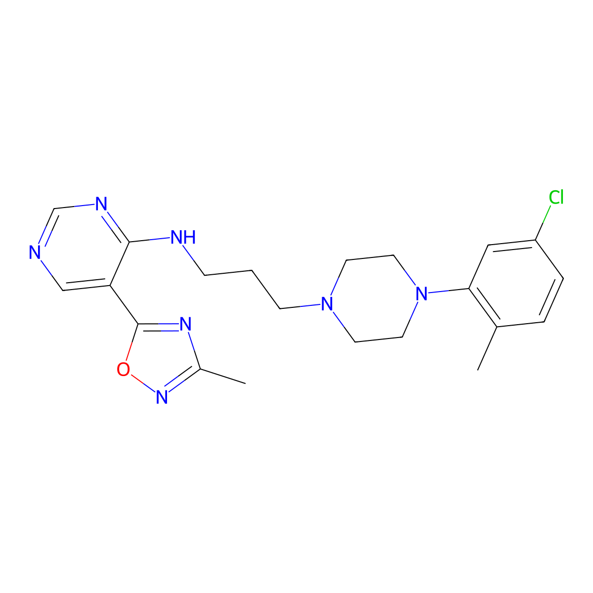 N-(3-(4-(5-chloro-2-methylphenyl)piperazin-1-yl)propyl)-5-(3-methyl-1,2,4-oxadiazol-5-yl)pyrimidin-4-amine molecular structure, CAS 2034542-20-4