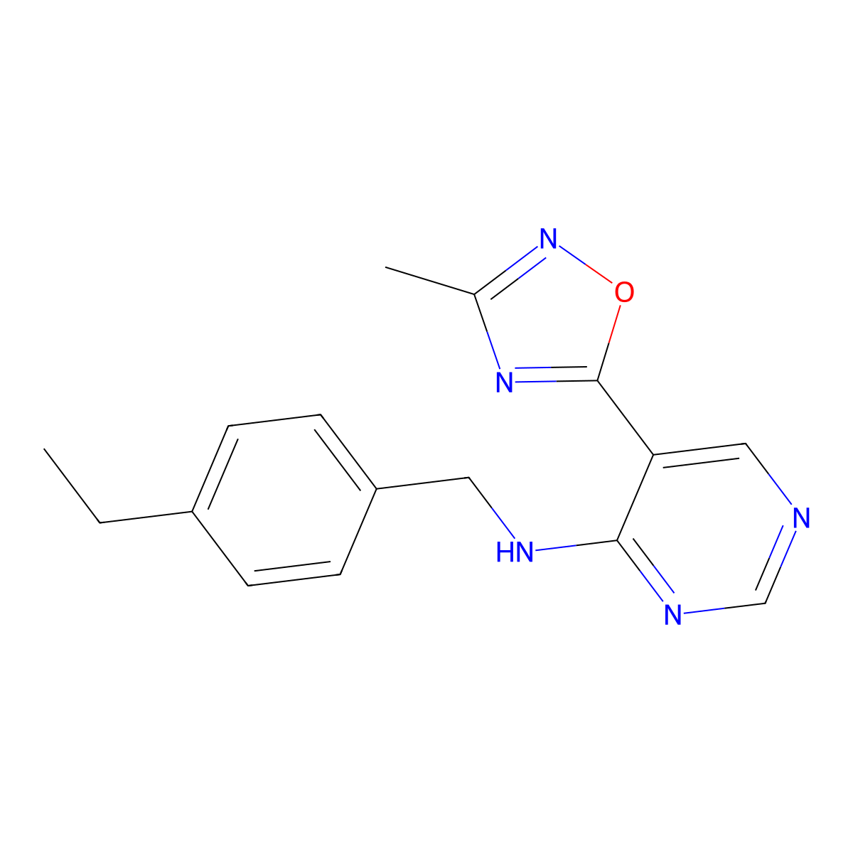 N-(4-ethylbenzyl)-5-(3-methyl-1,2,4-oxadiazol-5-yl)pyrimidin-4-amine molecular structure, CAS 2034542-24-8