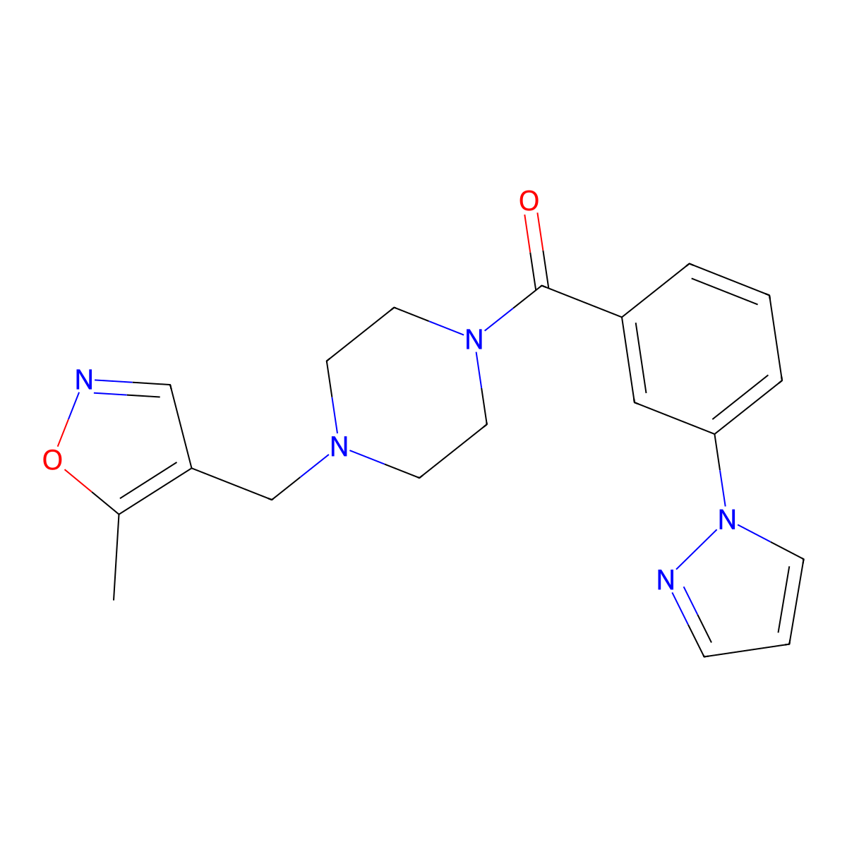 (3-(1H-pyrazol-1-yl)phenyl)(4-((5-methylisoxazol-4-yl)methyl)piperazin-1-yl)methanone molecular structure, CAS 2034542-26-0