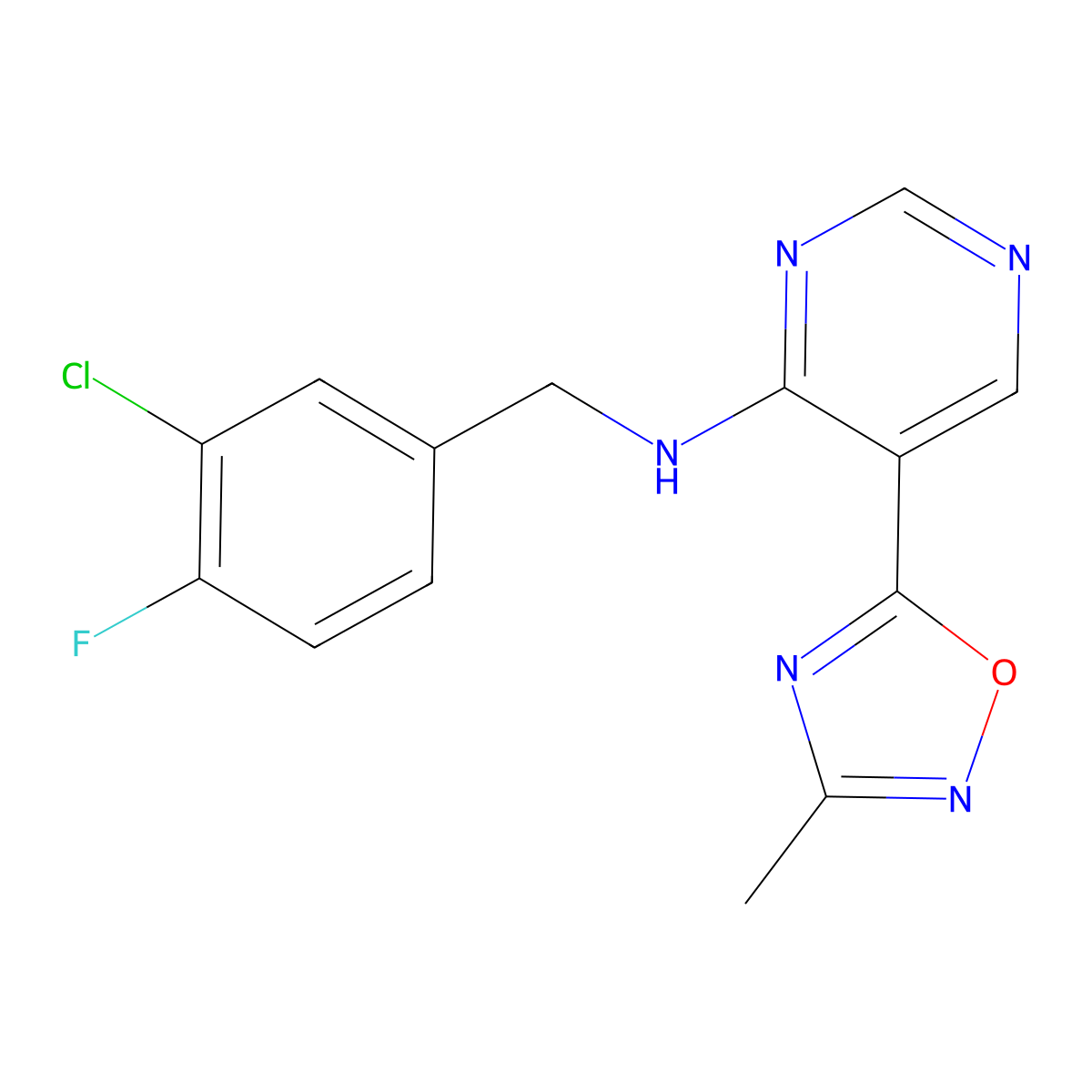 N-(3-chloro-4-fluorobenzyl)-5-(3-methyl-1,2,4-oxadiazol-5-yl)pyrimidin-4-amine molecular structure, CAS 2034542-28-2