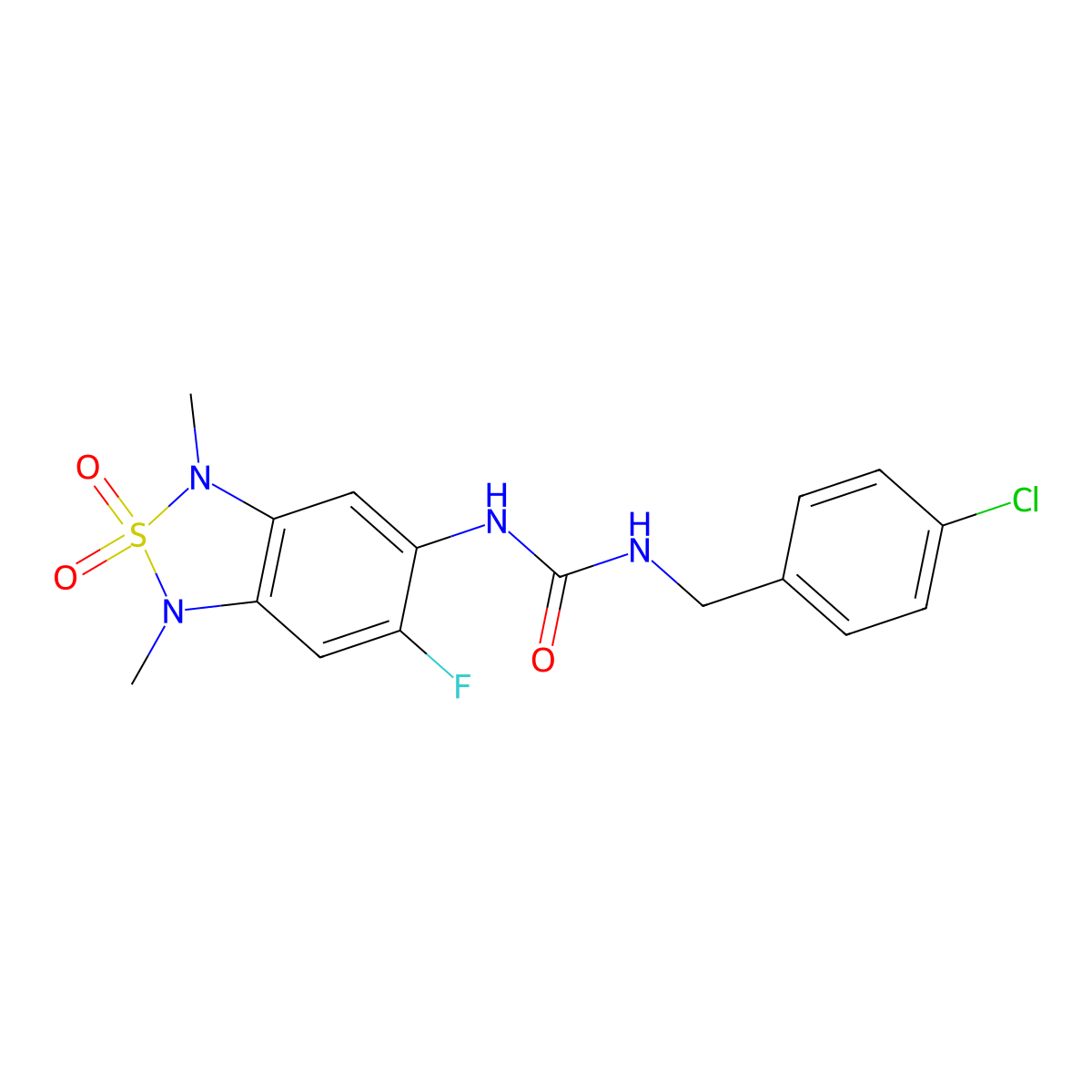 1-[(4-Chlorophenyl)methyl]-3-(6-fluoro-1,3-dimethyl-2,2-dioxo-1,3-dihydro-2lambda6,1,3-benzothiadiazol-5-yl)urea molecular structure, CAS 2034542-29-3
