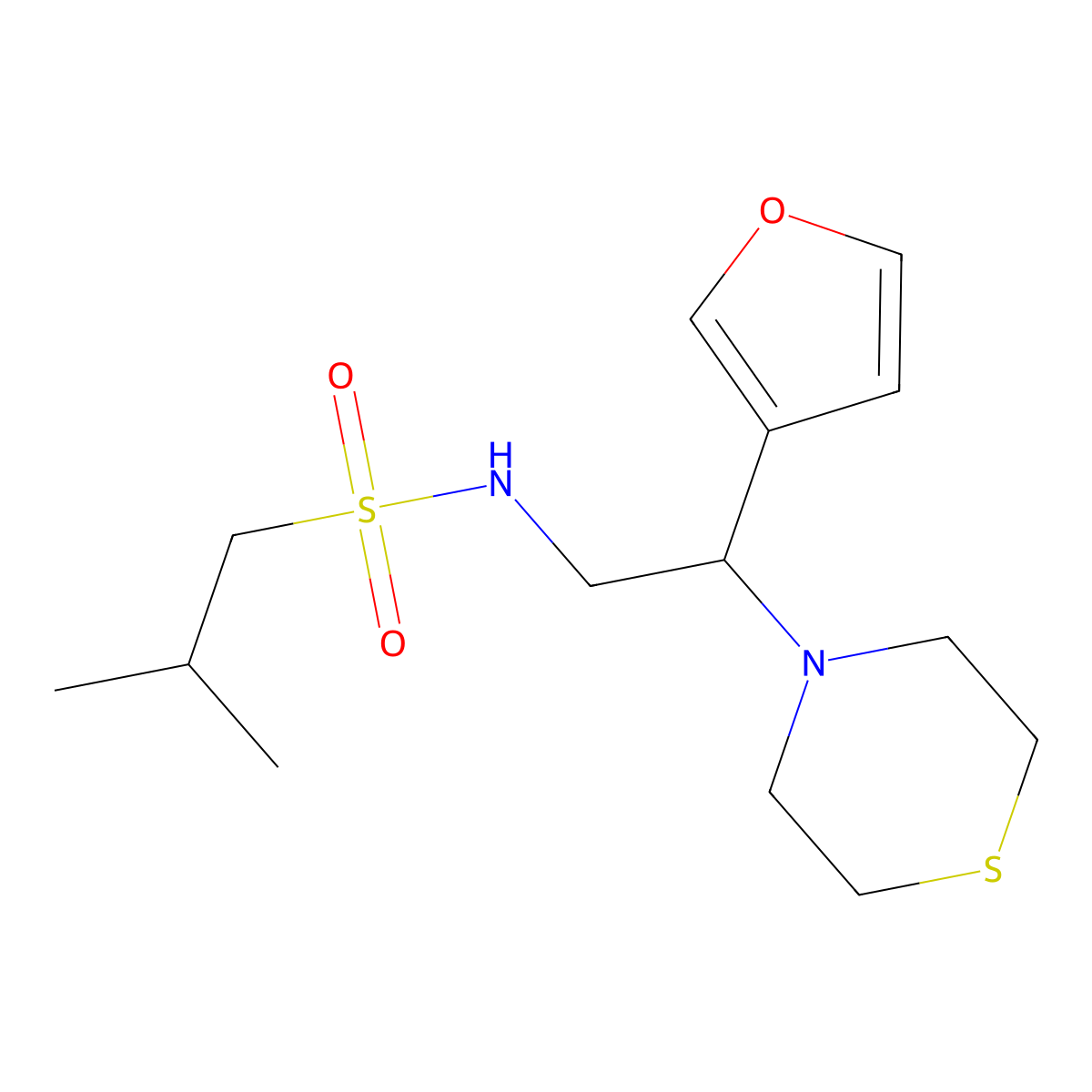 N-(2-(furan-3-yl)-2-thiomorpholinoethyl)-2-methylpropane-1-sulfonamide molecular structure, CAS 2034542-40-8