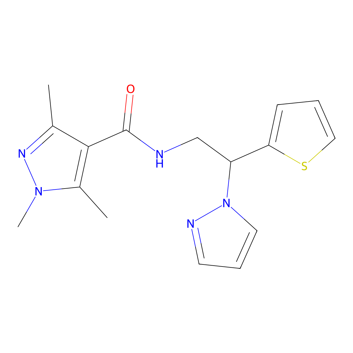 N-(2-(1H-pyrazol-1-yl)-2-(thiophen-2-yl)ethyl)-1,3,5-trimethyl-1H-pyrazole-4-carboxamide molecular structure, CAS 2034542-46-4
