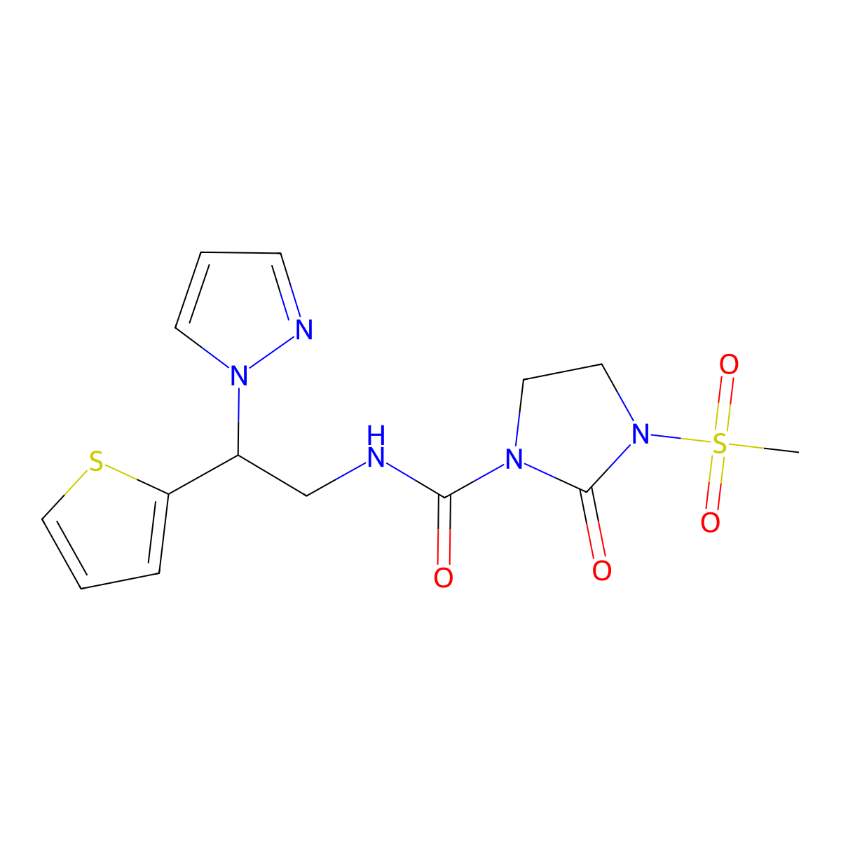 N-(2-(1H-pyrazol-1-yl)-2-(thiophen-2-yl)ethyl)-3-(methylsulfonyl)-2-oxoimidazolidine-1-carboxamide molecular structure, CAS 2034542-54-4