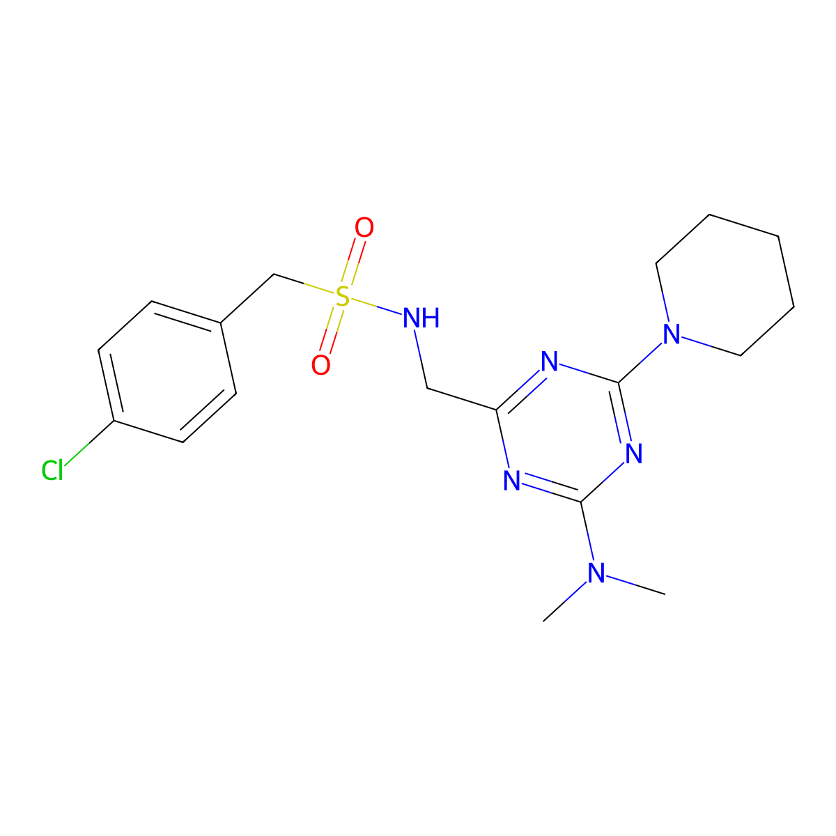1-(4-chlorophenyl)-N-((4-(dimethylamino)-6-(piperidin-1-yl)-1,3,5-triazin-2-yl)methyl)methanesulfonamide molecular structure, CAS 2034542-55-5
