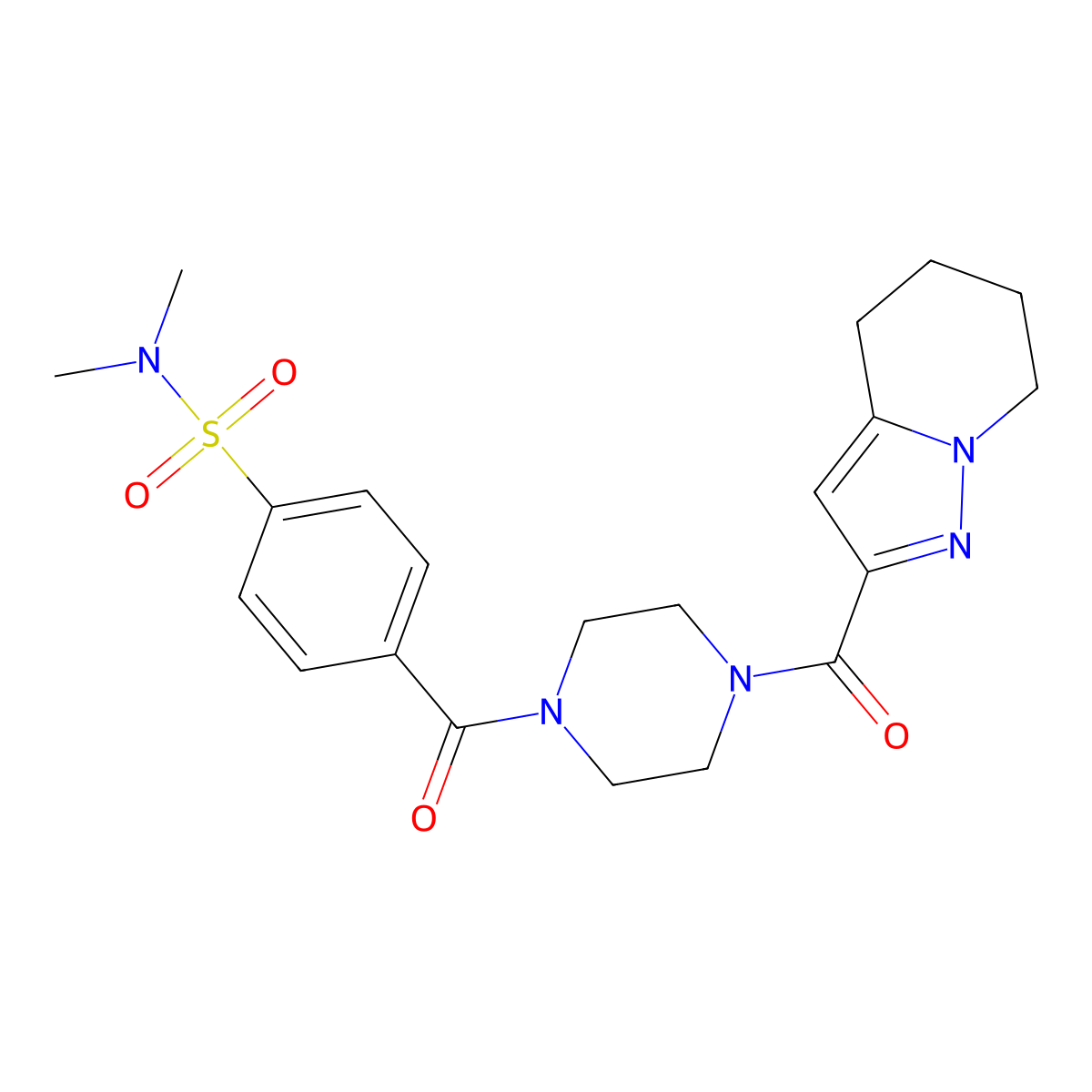 N,N-dimethyl-4-(4-(4,5,6,7-tetrahydropyrazolo[1,5-a]pyridine-2-carbonyl)piperazine-1-carbonyl)benzenesulfonamide molecular structure, CAS 2034542-57-7