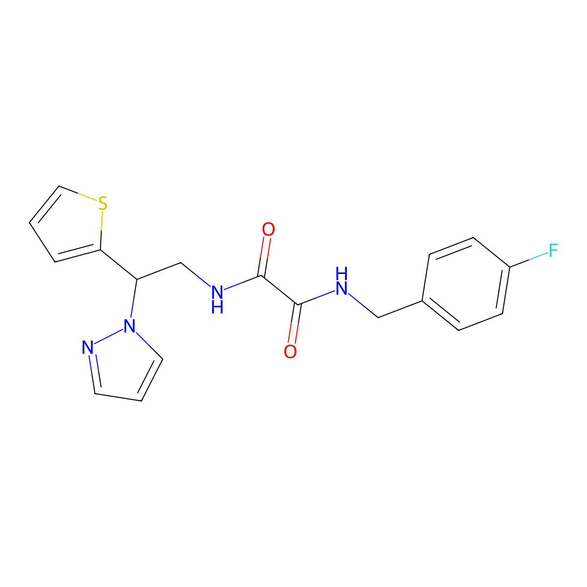 N1-(2-(1H-pyrazol-1-yl)-2-(thiophen-2-yl)ethyl)-N2-(4-fluorobenzyl)oxalamide molecular structure, CAS 2034542-59-9