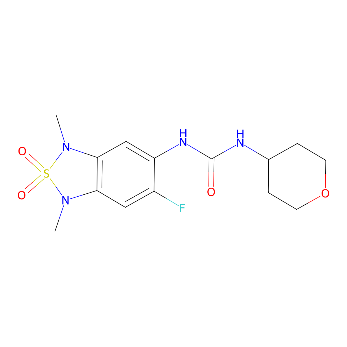 1-(6-fluoro-1,3-dimethyl-2,2-dioxido-1,3-dihydrobenzo[c][1,2,5]thiadiazol-5-yl)-3-(tetrahydro-2H-pyran-4-yl)urea molecular structure, CAS 2034542-63-5
