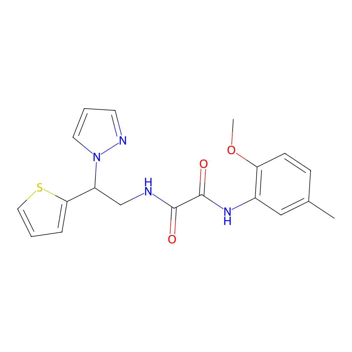 N1-(2-(1H-pyrazol-1-yl)-2-(thiophen-2-yl)ethyl)-N2-(2-methoxy-5-methylphenyl)oxalamide molecular structure, CAS 2034542-68-0